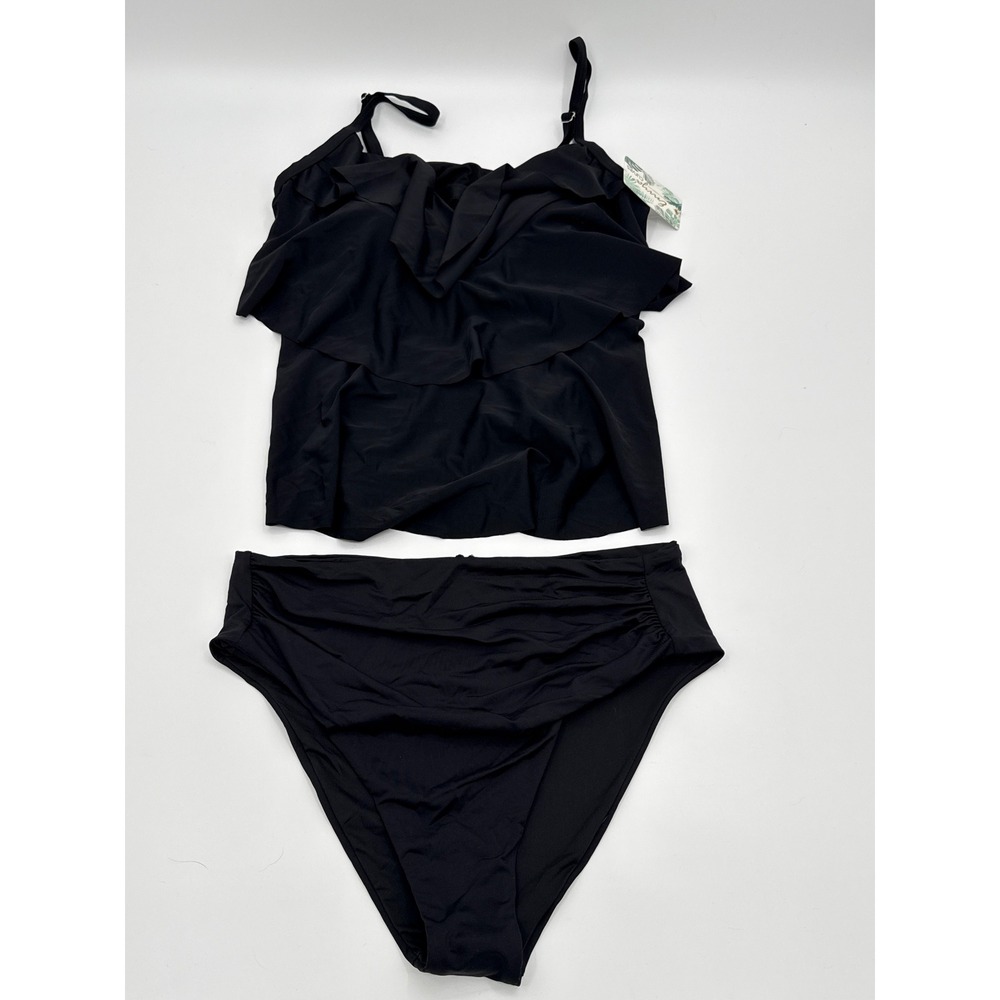 Envya Women Black Ruffle Tankini Set High Waisted Ruched Swimsuit 1X NWT